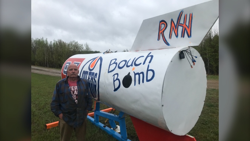 Rod Swanky stands near his Oilers-themed Highway 60 rocket on May 16, 2024. (David Ewasuk/CTV News Edmonton)