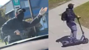 Two photos from the Abbotsford Police Department show a man alleged to have slashed a tire after a confrontation with a driver on May 13, 2024. 