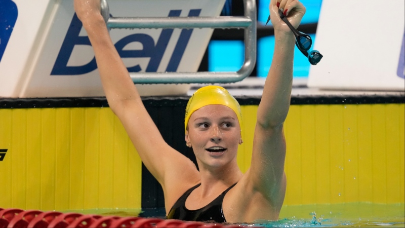 Summer McIntosh reacts after taking part in the women's 400-metre individual medley at the Canadian Olympic Swim Trials in Toronto on Thursday May 16, 2024. (The Canadian Press/Frank Gunn)