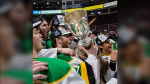 The London Knights celebrate their OHL Championship win in Oshawa, Ont. on May 15, 2024. (Source: London Knights/X)