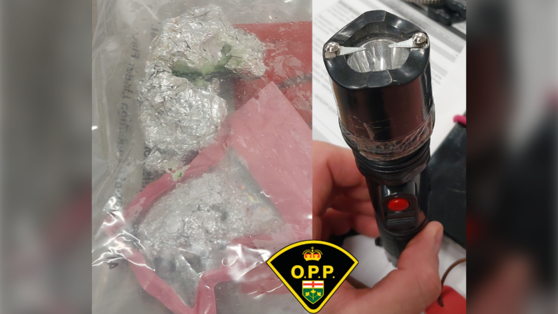 Suspected fentanyl and crystal meth seized along with a stun gun/flashlight in a drug raid on Hutchinson Road in Moosonee. May 3, 2024 (Ontario Provincial Police)