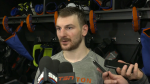 Zach Hyman speaks to reporters on May 16, 2024, after the Oilers lost to the Canucks. 
