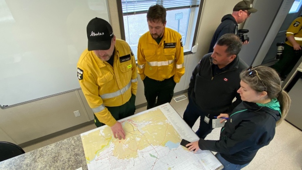 Officials at Alberta Wildfire incident command in Fort McMurray, Alta. on May 16, 2024. (Jeremy Thompson/CTV News Edmonton)