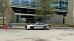 Winnipeg police taped off the entrance to the St. Boniface Hospital Albrechtsen Research Centre on May, 17, 2024. (Source: Jeff Keele/CTV News Winnipeg)