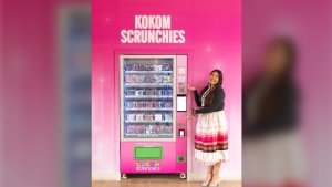 Mya Beaudry, 13, opens a second Kokom Scrunchies vending machine located at New Sudbury Centre. May 11, 2024 (Supplied)