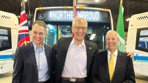 Nipissing-Timiskaming MP Anthony Rota, left, North Bay Mayor Peter Chirico and Nipissing MPP Vic Fedeli pose at Friday's funding announcement. (Supplied)