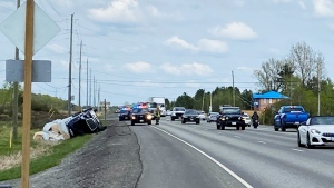 Traffic is moving slowly on Highway 17 east near Norvic Drive in Wahnapitae on Friday afternoon as emergency crews responded to a tractor-trailer that had left the roadway. (Lyndsay Aelick/CTV News)
