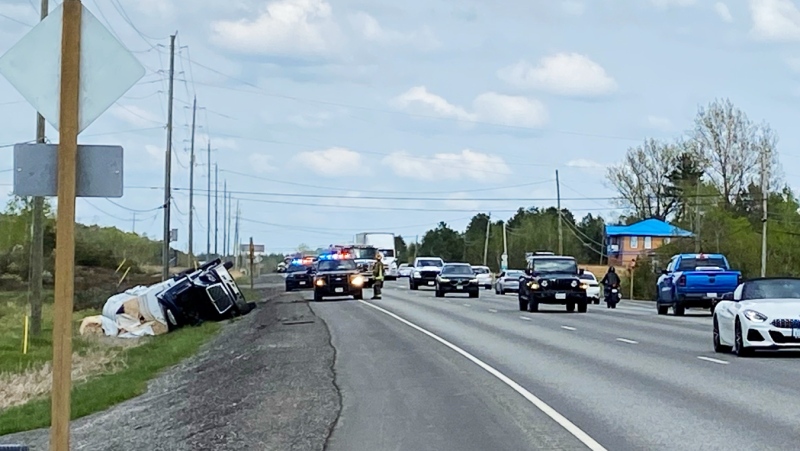 Traffic is moving slowly on Highway 17 east near Norvic Drive in Wahnapitae on Friday afternoon as emergency crews responded to a tractor-trailer that had left the roadway. (Lyndsay Aelick/CTV News)