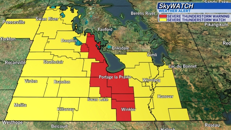 A Severe Thunderstorm Warning has been issued for parts of south-central Manitoba.