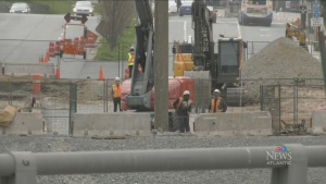 Construction workers work on the redevelopment project of the Cogswell Interchange in Halifax. (CTV/Hafsa Arif)