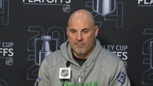 Vancouver Canucks head coach Rick Tocchet takes questions from the media in Edmonton on May 17, 2024. (CTV News)