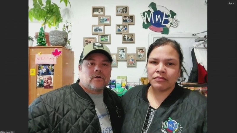 Blair and Melissa Lundie talking about staying behind in Cranberry Portage at their gas station MnB's Gas Bar to help save the community on May 17, 2024. (CTV News Winnipeg)