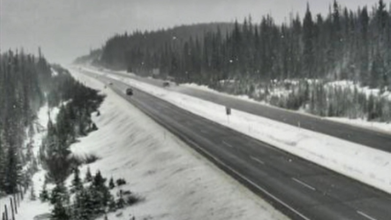 Highway cameras captured some snow accumulation along the Coquihalla Highway on Friday, May 17, 2024. (DriveBC)