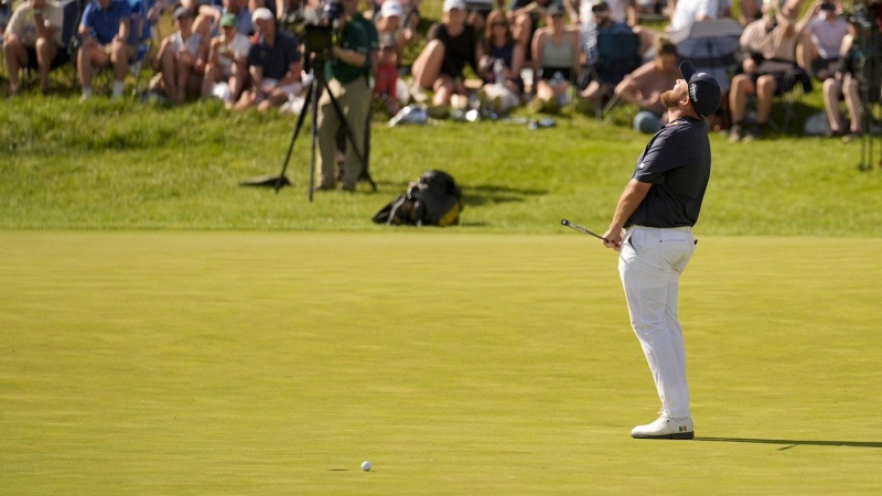 Shane Lowry reacts after missing a birdie putt on 18 at the 2024 PGA Championship on May 18, 2024. Jeff Roberson/AP Photo)