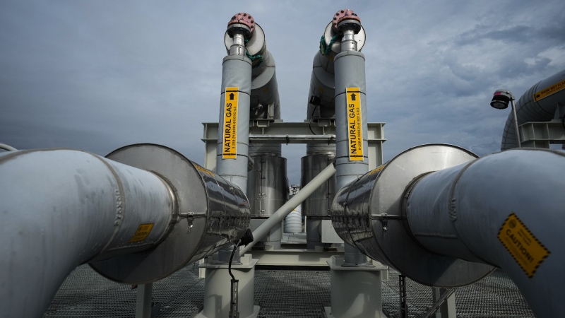 Piping is seen on the top of a receiving platform which will be connected to the Coastal GasLink natural gas pipeline terminus at the LNG Canada export terminal under construction, in Kitimat, B.C., Wednesday, Sept. 28, 2022. (Darryl Dyck / The Canadian Press)