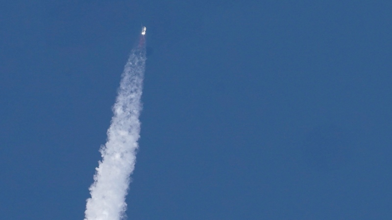 Blue Origin's New Shepard rocket launches from its spaceport near Van Horn, Texas, Tuesday, July 20, 2021. (AP Photo/Tony Gutierrez)