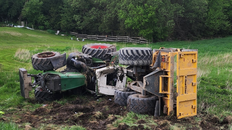 Wellington County OPP responded to a serious motor vehicle collision involving a farm tractor that left the roadway Wellington Road 7 on May 17, 2024. (Source: OPP) 