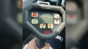 A Sudbury driver is accused of travelling 155km/h on Highway 69 without insurance on May 16, 2024. A photo of a radar gun showing a 155km/h speed. (Supplied/Ontario Provincial Police)