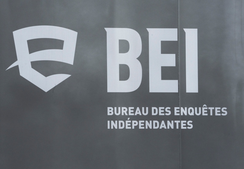 A logo for BEI, Quebec’s independent police bureau, is seen in Louiseville, Que., Tuesday, March 28, 2023. (Ryan Remiorz, The Canadian Press)