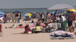 A packed beach with thousands of people in Wasaga Beach, Ont on May 19, 2024 (CTV News/ Mike Lang).