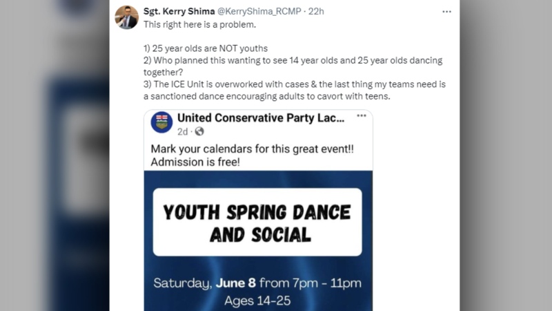 A screenshot of a now-deleted social media post from and RCMP officer, calling out a UCP constituency dance for 14 to 25 year olds. (Source: X)
