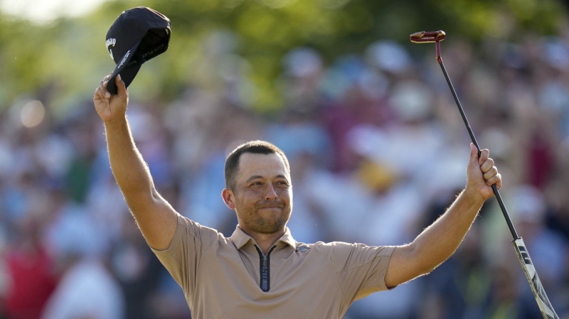 Xander Schauffele celebrates after winning the PGA Championship on May 19, 2024. (Jeff Robertson/AP Photo)