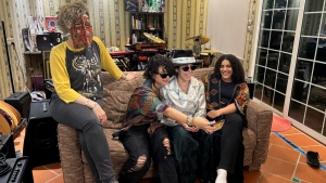 From left, members of the band Seera including Thing, Noura, Hayahuascah and Meesh take a selfie during an interview with The Associated Press in Riyadh, Saudi Arabia, May 12, 2024. (AP Photo/Baraa Anwer)