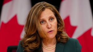 FILE: Deputy Prime Minister Chystia Freeland speaks at a press conference at the National Press Theatre in Ottawa, Tuesday, May 7, 2024. (Sean Kilpatrick / The Canadian Press)