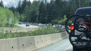 Southbound traffic is pictured on the Sea-to-Sky Highway north of Squamish, B.C., on May 20, 2024. (CTV News)