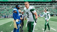 Saskatchewan Roughriders quarterback Trevor Harris on May 20, 2024. The green and white successfully beat the Winnipeg Blue Bombers 25-12 in their first pre-season challenge of the year. (Courtesy: Saskatchewan Roughriders)