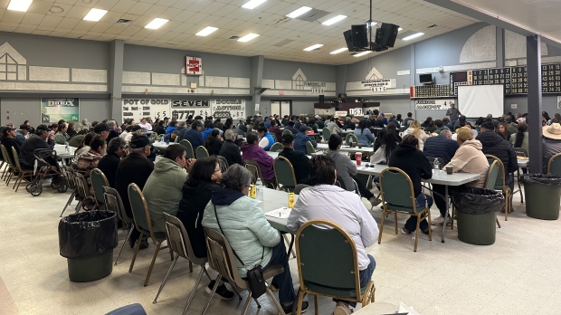 A full crowd of people attended a public meeting in Muskowekwan First Nation to address the drug usage and overdoses happening in the area. (Sierra D'Souza Butts/CTV News)