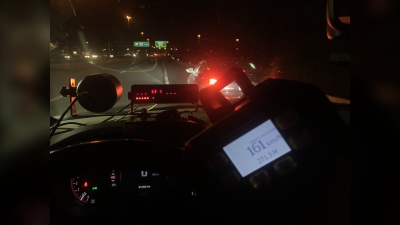 Ontario Provincial Police say a suspended driver with no insurance was stopped speeding 161 km/h on Hwy. 417 in Ottawa Monday night. (OPP/X)