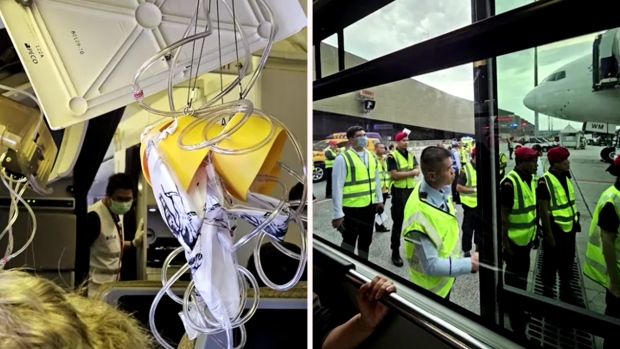 Left: Safety equipment hangs from the airplane's damaged ceiling. Right: Personnel are seen wearing high-visibility vests. (Image source: Reuters / Composite: CTV News) 