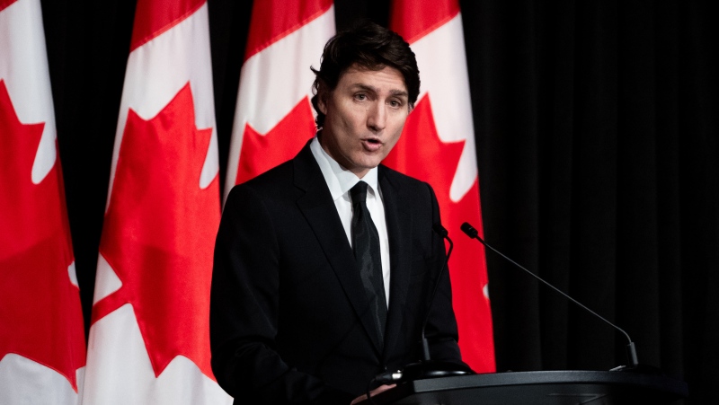 Prime Minister Justin Trudeau delivers remarks on recent developments in Israel ahead of the annual Press Gallery Dinner in Ottawa, on Saturday, April 13, 2024. THE CANADIAN PRESS/Spencer Colby 
