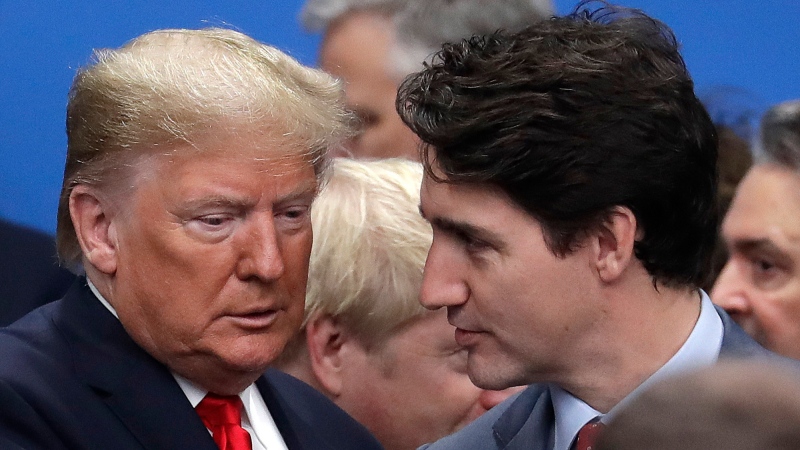 In this Wednesday, Dec. 4, 2019, file photo, U.S. President Donald Trump, left, and Canadian Prime Minister Justin Trudeau arrive for a round table meeting in Watford, Hertfordshire, England. (Evan Vucci / AP Photo, File)