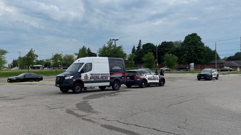 Several police cruisers could be seen in the area of Fischer-Hallman Road and Queens Boulevard on Tuesday 21, 2024. (CTV News/Hannah Schmidt)