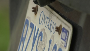 A photograph of a partial Ontario provincial licence plate with a renewal sticker expired in November 2022 is shown in North Bay, Ont., on Tuesday, March 21, 2022. (Eric Taschner/CTV News Northern Ontario)