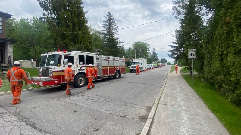 Firefighters responding to a gas leak in Blackburn Hamlet on May 21, 2024. (Ottawa Fire Services/X)