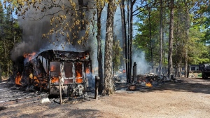 Fire destroys two large camping trailers in Huntsville, Ont., on Sun., May 19, 2024. (Source: Huntsville/Lake of Bays Fire Department)