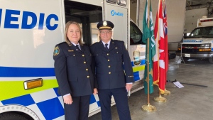 Community Safety General Manager for the City of Greater Sudbury Chief Joseph Nicholls (right) and Greater Sudbury Paramedic Services Deputy Chief Melissa Roney (left) at the city's opening ceremonies for Paramedic Services Week on May 21, 2024. (Alana Everson/CTV News Northern Ontario)