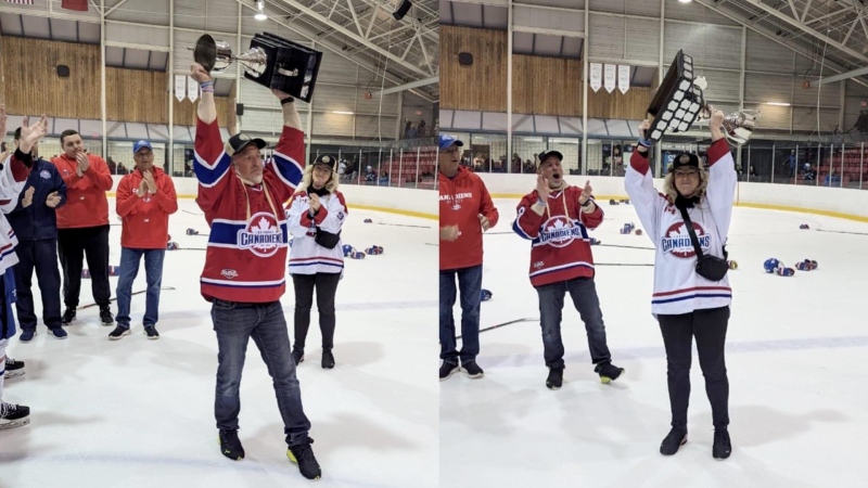 The parents of Sylvain Lessard, a 20-year-old hockey player for the Lakeshore Canadiens who was killed in a crash this past fall, hoist the Schmalz Cup above their heads after the team secured victory in the Provincial Junior Hockey League finals on May 17, 2024. (Source: Lakeshore Canadiens Hockey Club)