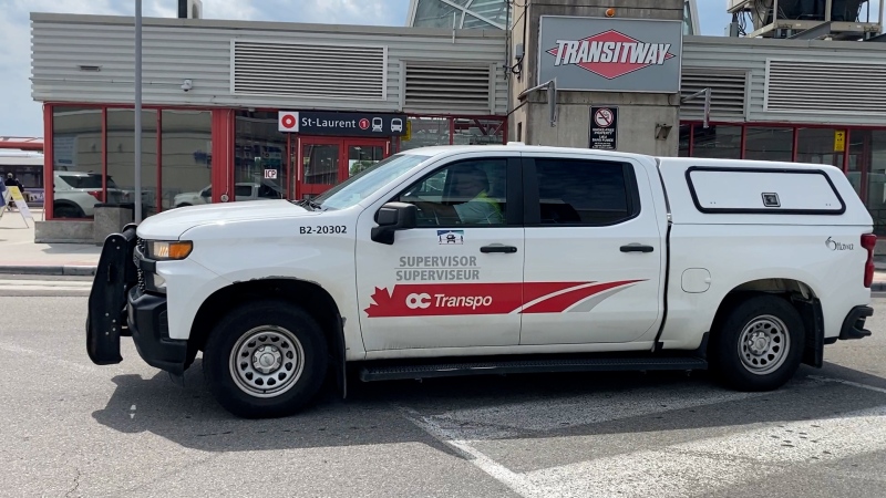 An OC Transpo supervisor truck is parked outside the entrance to St. Laurent Station May 21, 2024. The underground LRT station is closed to transit riders because of issues with concrete in the tunnel. (Leah Larocque/CTV News Ottawa)