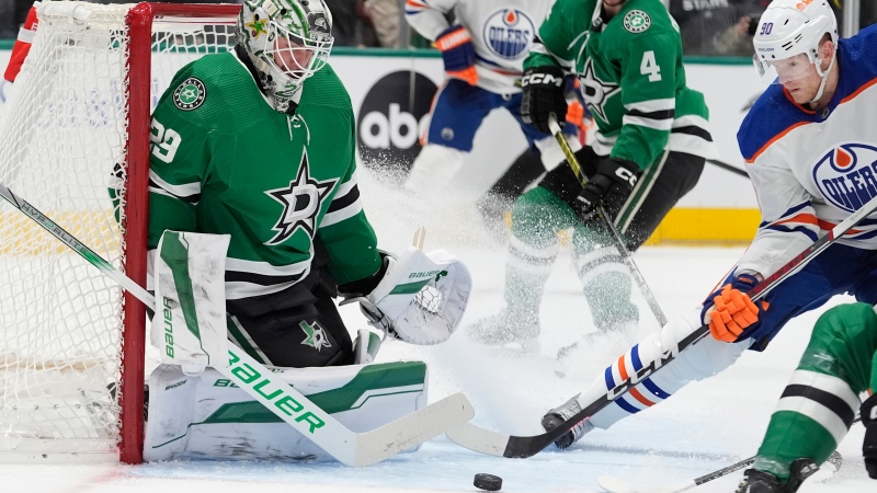Edmonton Oilers winger Corey Perry moves in to score a goal on Dallas Stars goalie Jake Oettinger during NHL action on Feb. 17, 2024, in Dallas. (LM Otero/Associated Press)