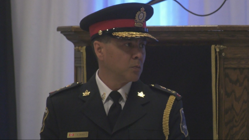 Timmins Police Chief Sydney Lecky at the change of command ceremony on May 21, 2024. (Sergio Arangio/CTV News Northern Ontario)