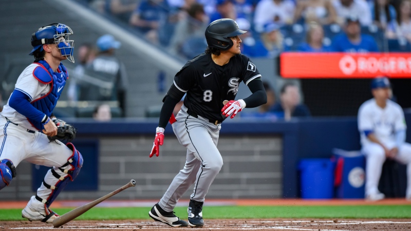 Chicago White Sox's Nicky Lopez (8) hits an RBI single during second inning MLB baseball action against the Toronto Blue Jays in Toronto on Tuesday, May 21, 2024. THE CANADIAN PRESS/Christopher Katsarov 