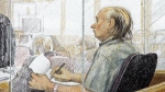 An artist's sketch shows Robert Pickton taking notes during the second day of his trial in B.C. Supreme Court in New Westminster, B.C., Tuesday Jan. 31, 2006. THE CANADIAN PRESS/Jane Wolsack