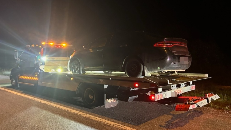 The vehicle involved in an Ontario Provincial Police traffic stop on Highway 69 on May 19, 2024 being towed. (Supplied/Ontario Provincial Police)