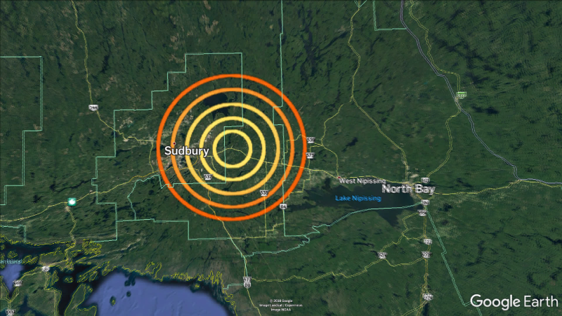 Earthquakes Canada confirmed a 3.1 MN magnitude seismic event was recorded at about 9:03 a.m. on May 22 in the Greater Sudbury area. (CTV News Northern Ontario/Map Source: Google Earth)