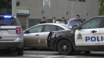 Edmonton police stopped a white Ford Focus that was used by a group to flee a stabbing scene near 107 Avenue and 122 Street on May 20, 2024. (Sean McClune / CTV News Edmonton) 