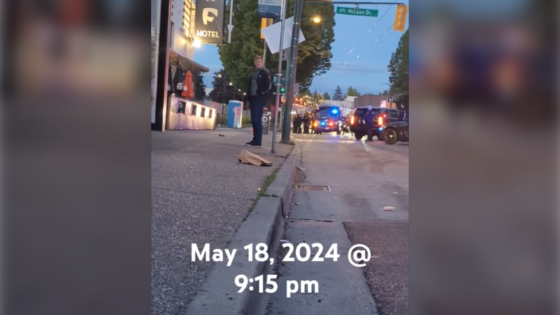 An apparent police shooting that drew a crowd of onlookers outside the Waldorf Hotel on East Hastings Street Saturday night was actually an arrest made using a bean-bag shotgun, Vancouver police say. (YouTube / @CannaBallistic)